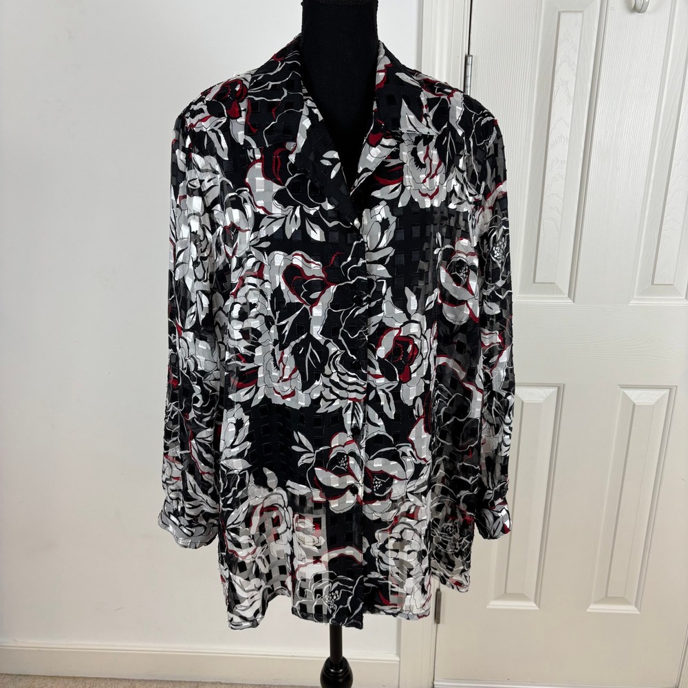 Alison Daley Women's 22W Floral Print Sheer Button Down‎ Long Sleeve Top